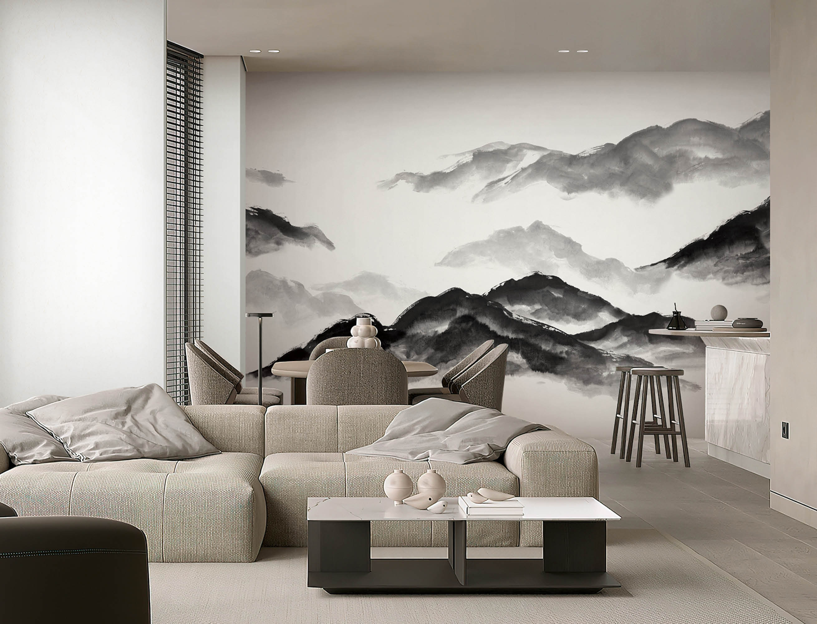 Interior of contemporary living room with kitchen, tv wall, wooden floors and big window.; Shutterstock ID 2497056679; purchase_order: 실크벽지 베스트; job: LX하우시스 ; client: 김효명